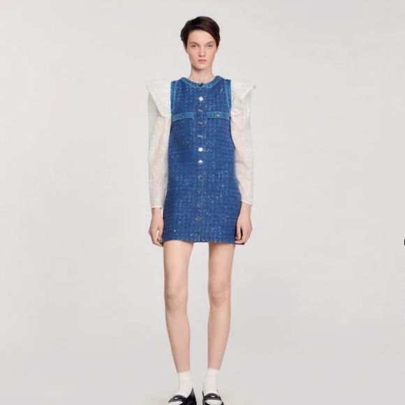 NWT Sandro Denim Glittering Tweed-effect Trapeze Dress Sleeveless Size 36 Small - Picture 6 of 11